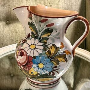 Castelli Italy Hand Painted Ceramic Pitcher Spring Flowers 7.5” x 6” | Vintage